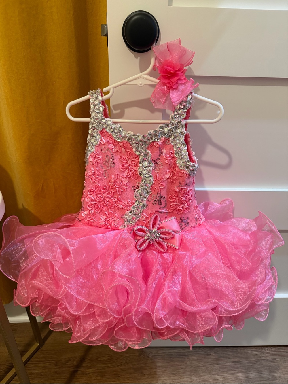 Girls Pink Ruffled Sequin Dance Costume with Floral Appliqué